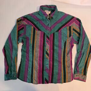 Vintage Circle T Marilyn Lenox Western Shirt Cotton Stripe V-Yoke Teal Pink Med